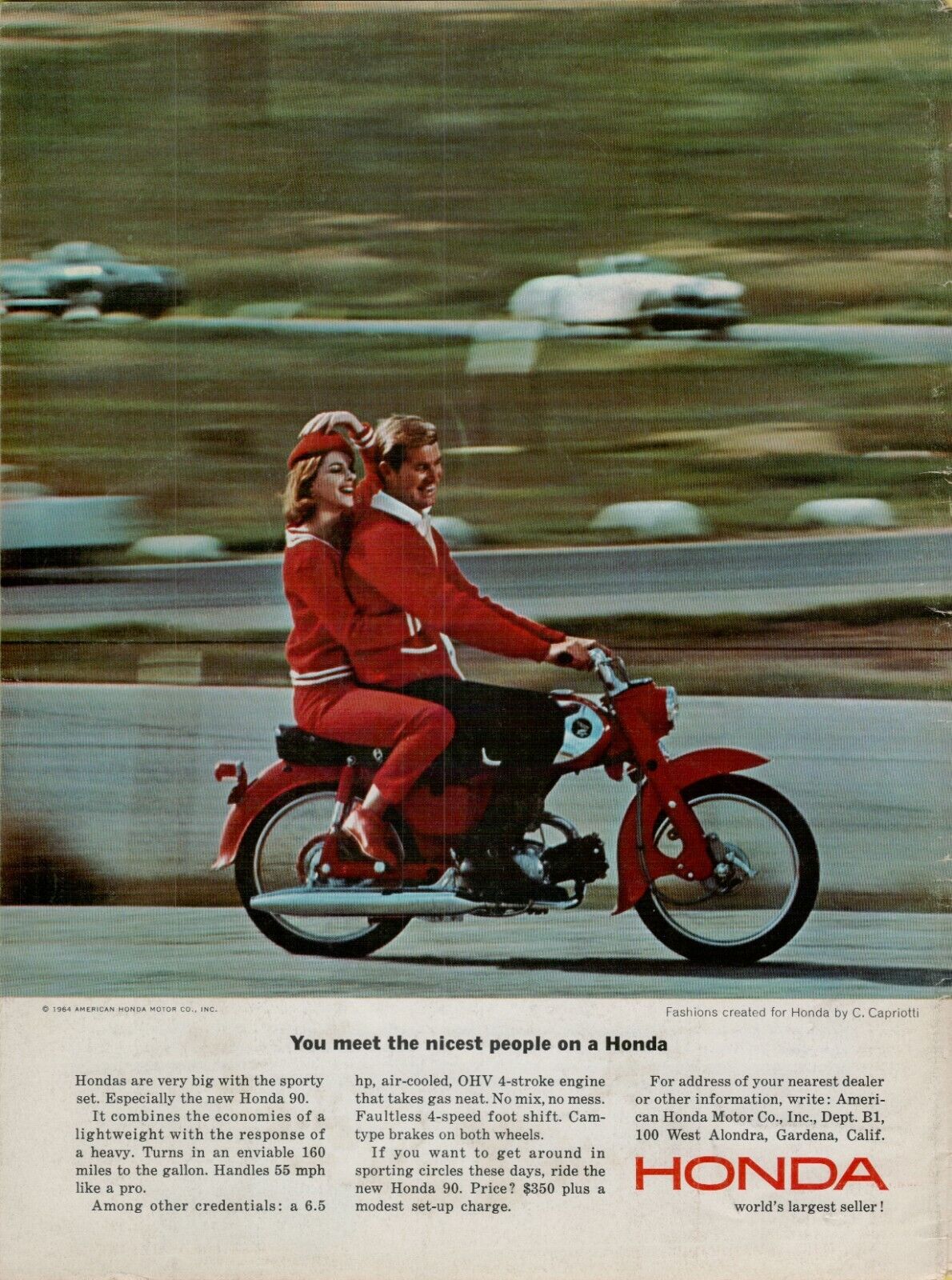 1964 Honda 90 Motorcycle Red Couple 6.5hp Capriotti Fashion  Vintage PRINT AD