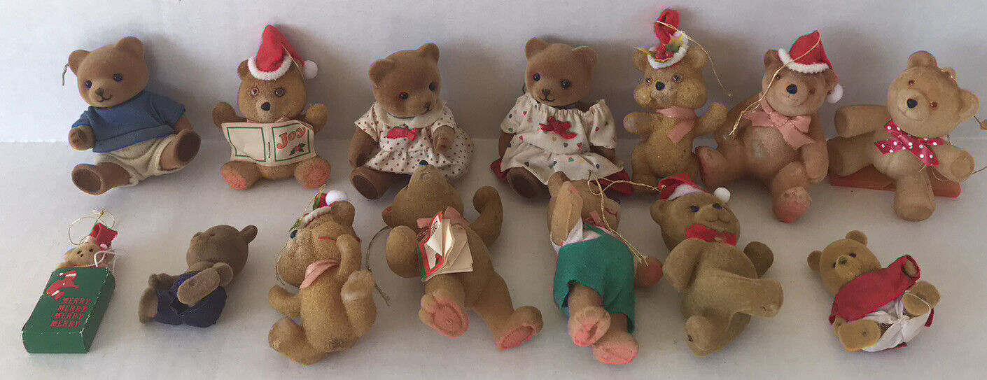 Vintage Teddy Bear Christmas Ornaments Lot Of 14 Flocked Mid Century