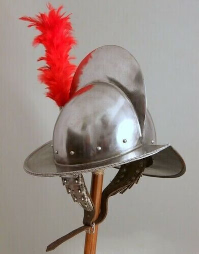 Spanish Hand-Forged Steel Morion, Medieval conquistador Helmet with red Plumb