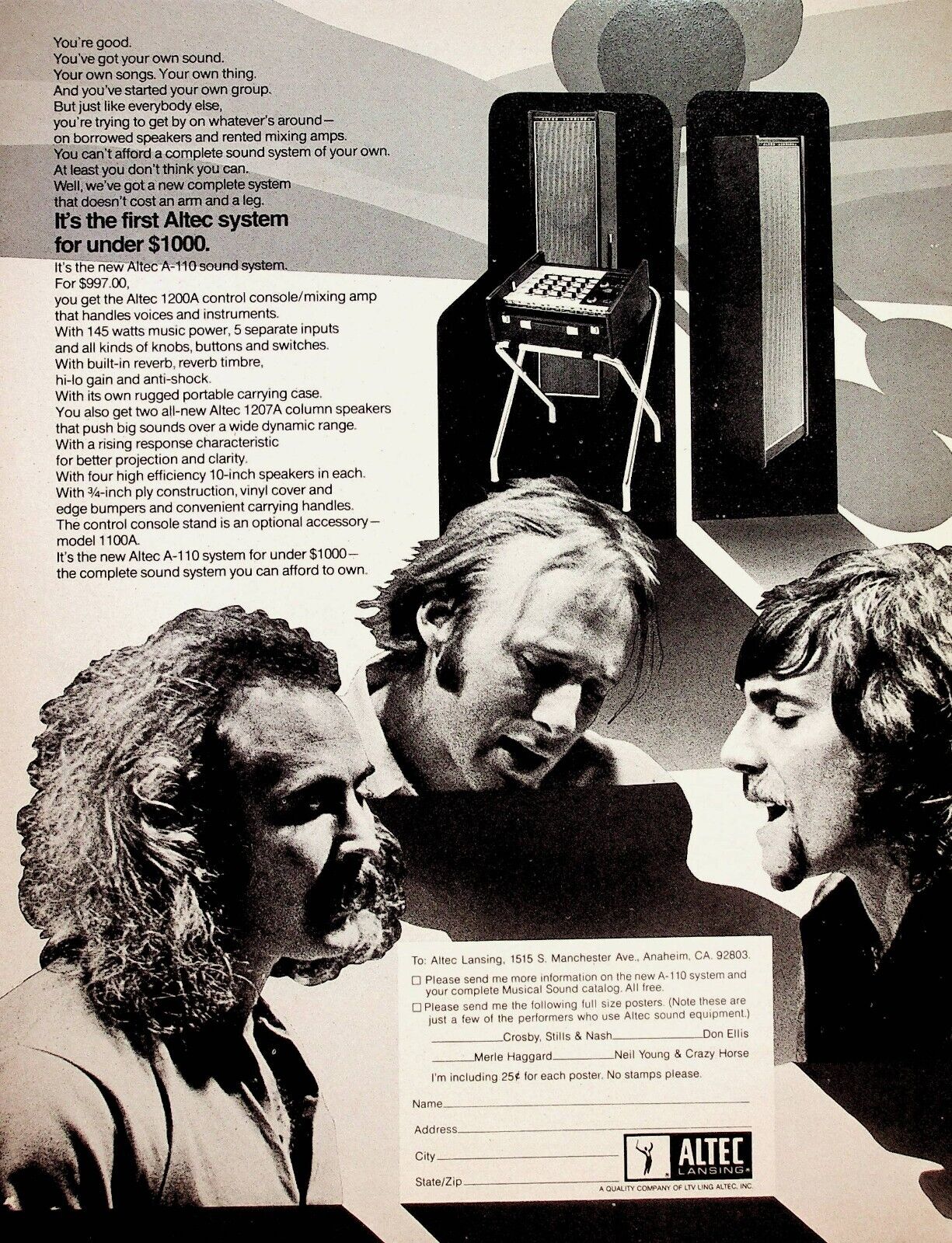 1970 Crosby Stills & Nash Altec A110 Sound System - Vintage Print Advertisement
