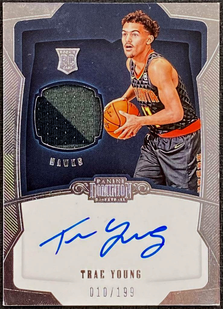 2018-19 PANINI DOMINION TRAE YOUNG ROOKIE PATCH AUTO #D 010/199