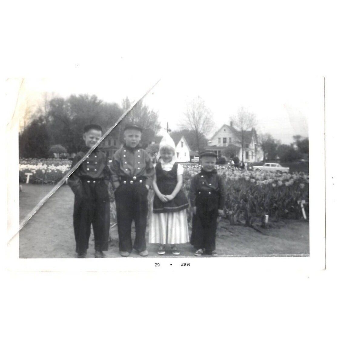 1962 Photograph Snap Shot Pella Tulip Festival Gary,Doug,Sandy & Leon Iowa