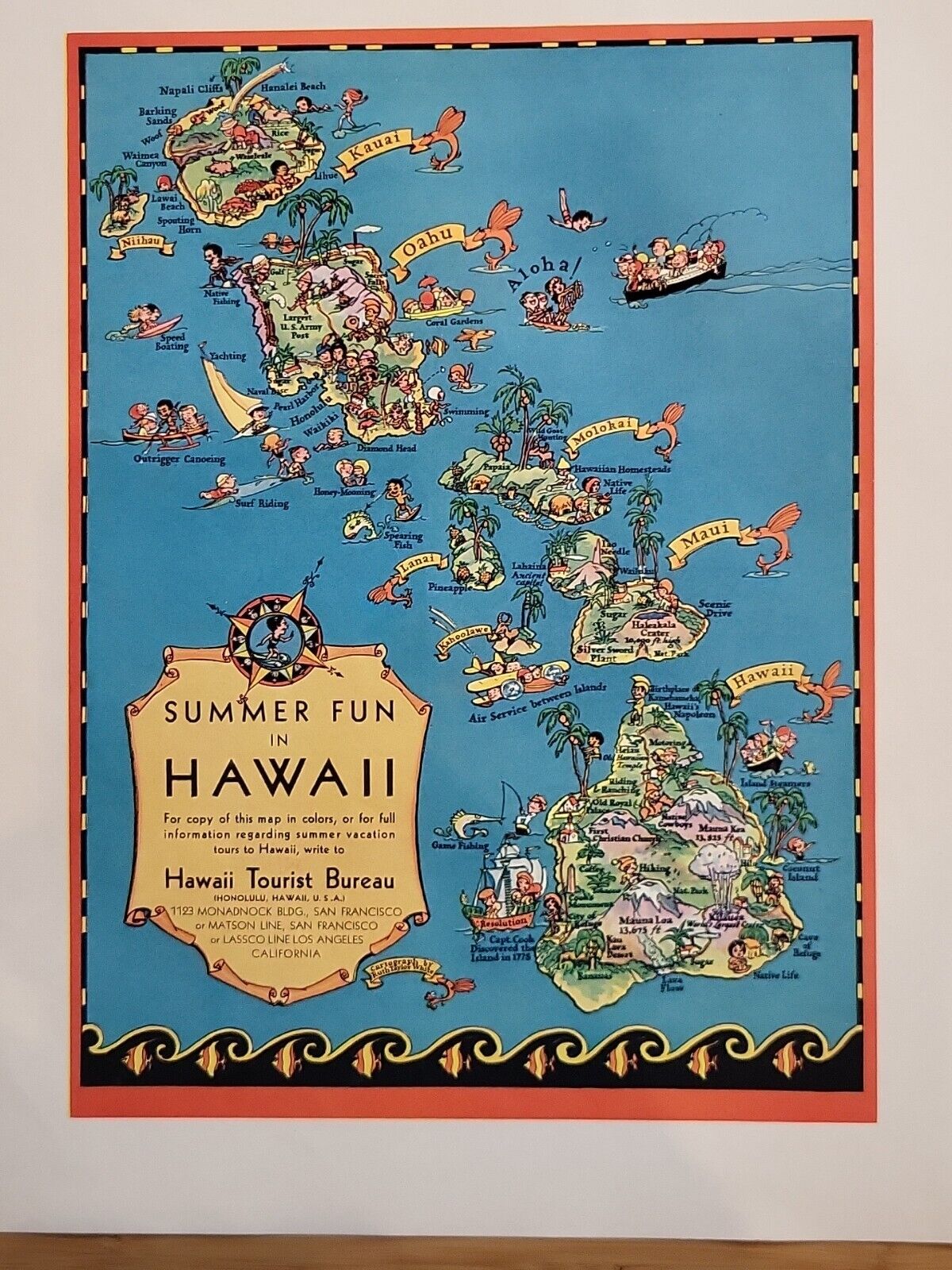 1930 Summer Fun In Hawaii Tourist Bureau Map Color Fortune Magazine tearsheet
