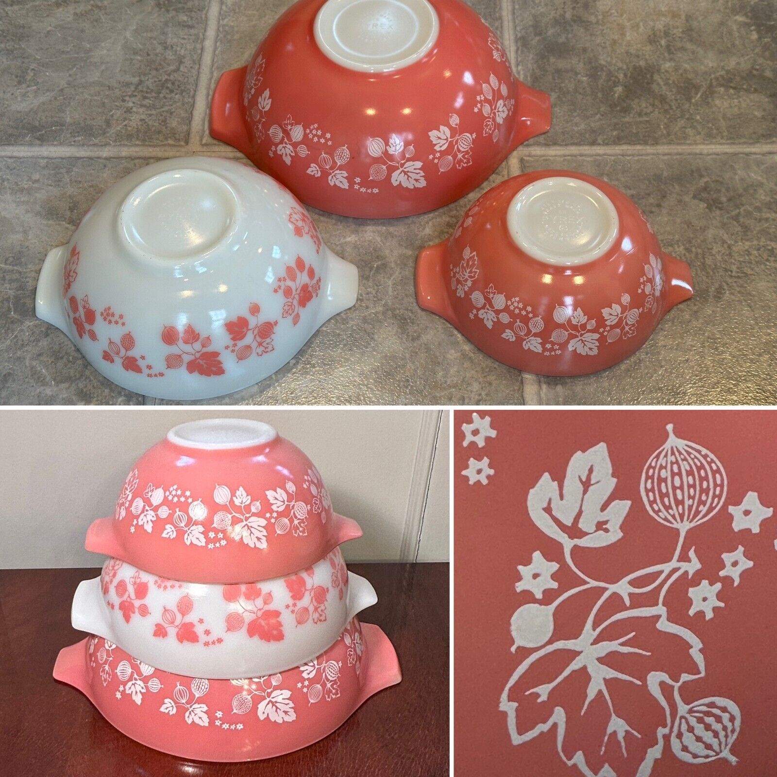 Vintage PYREX Set 3 Pink & White Gooseberry Cinderella Nesting Mixing Bowl Set
