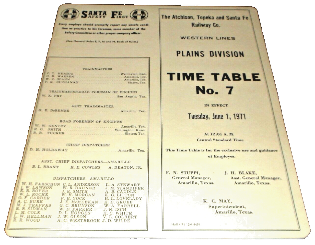 JUNE 1971 ATSF SANTA FE PLAINS DIVISION EMPLOYEE TIMETABLE #7