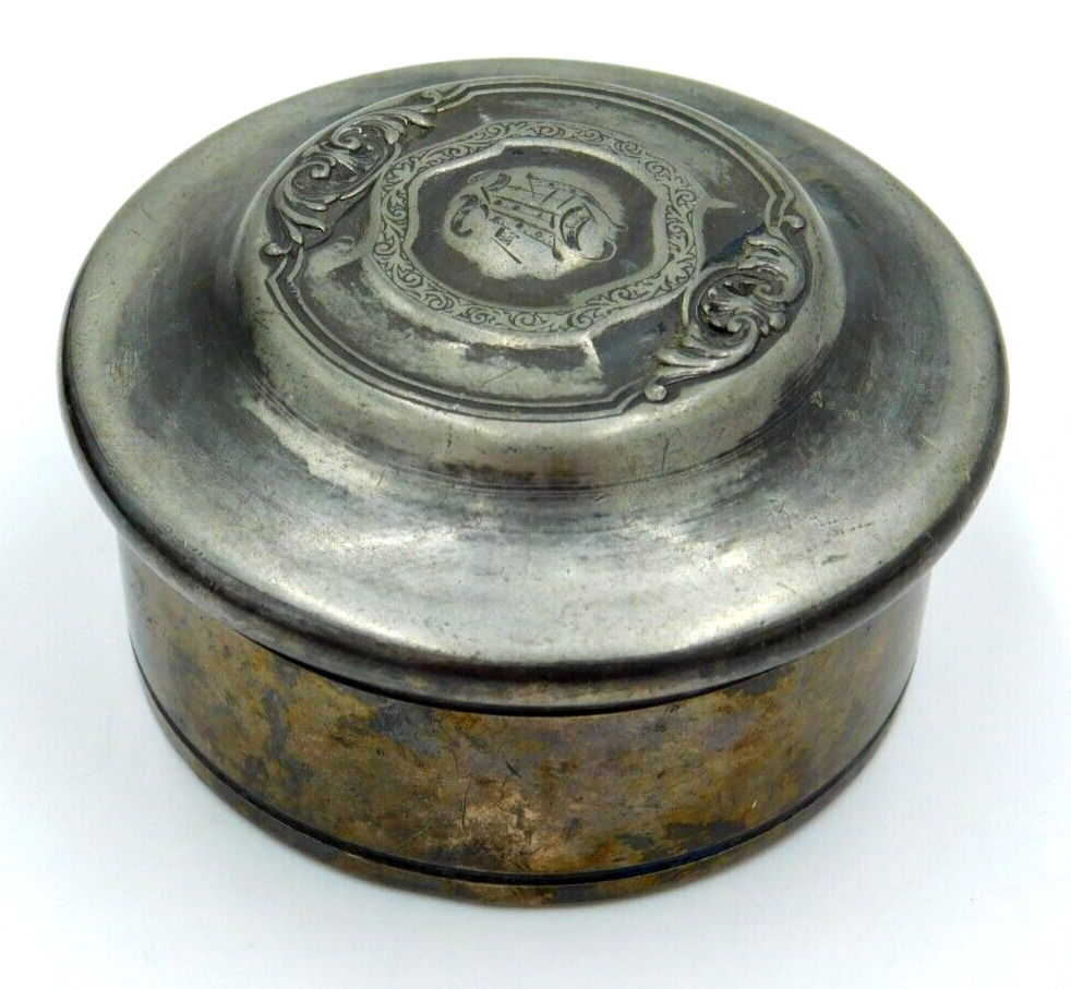 Round Antique Vintage Derby Silver Company Co Jewelry Box Lined Monogram