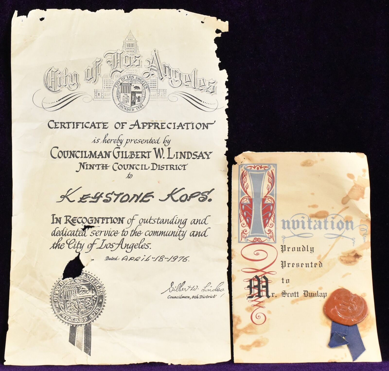 c1976 Los Angeles City Council Certificate of Appreciation Keystone Kops