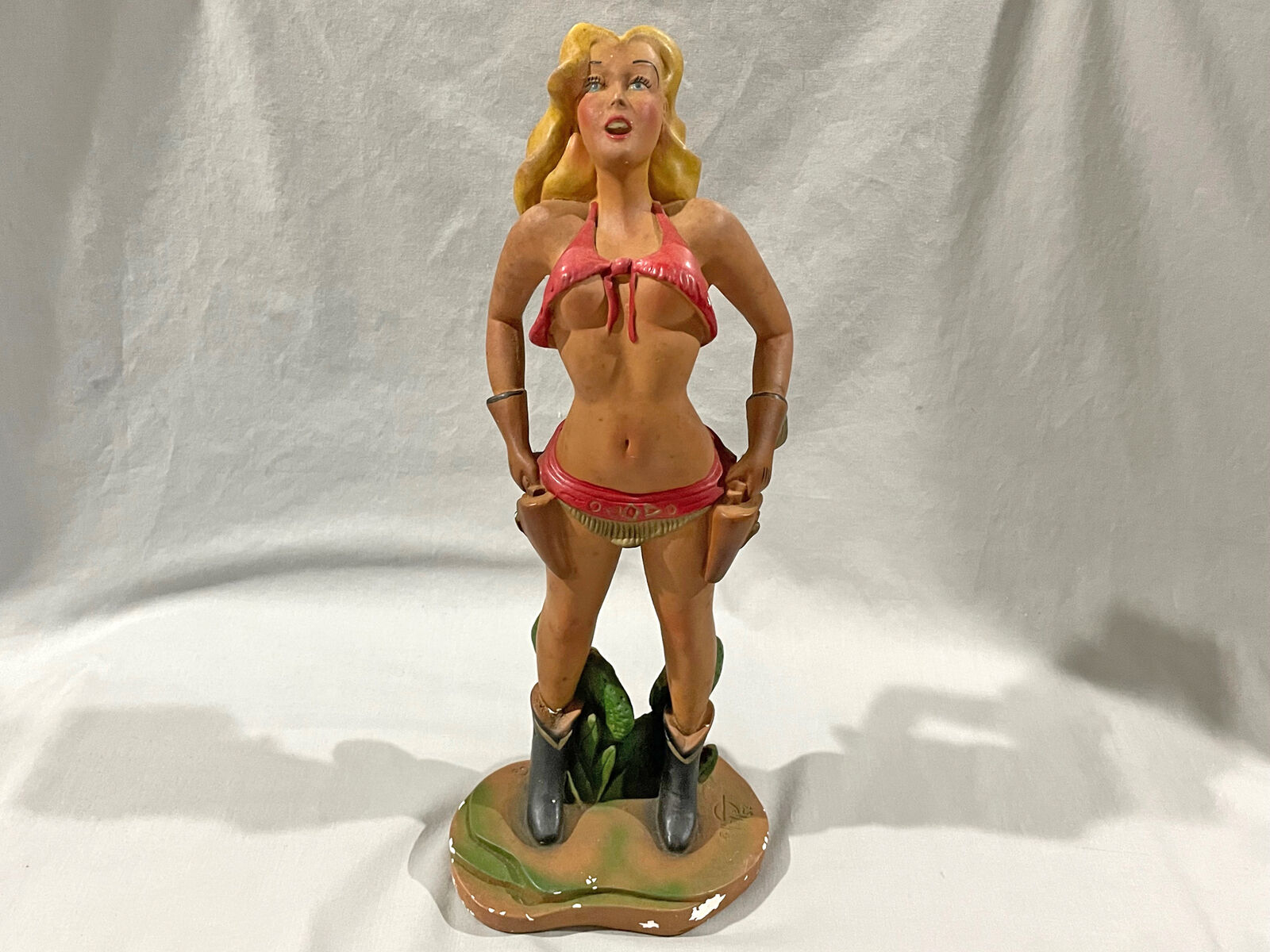 Vintage 1952 GILLETTE PIN-UP COWGIRL CHALKWARE FIGURE - SIGNED
