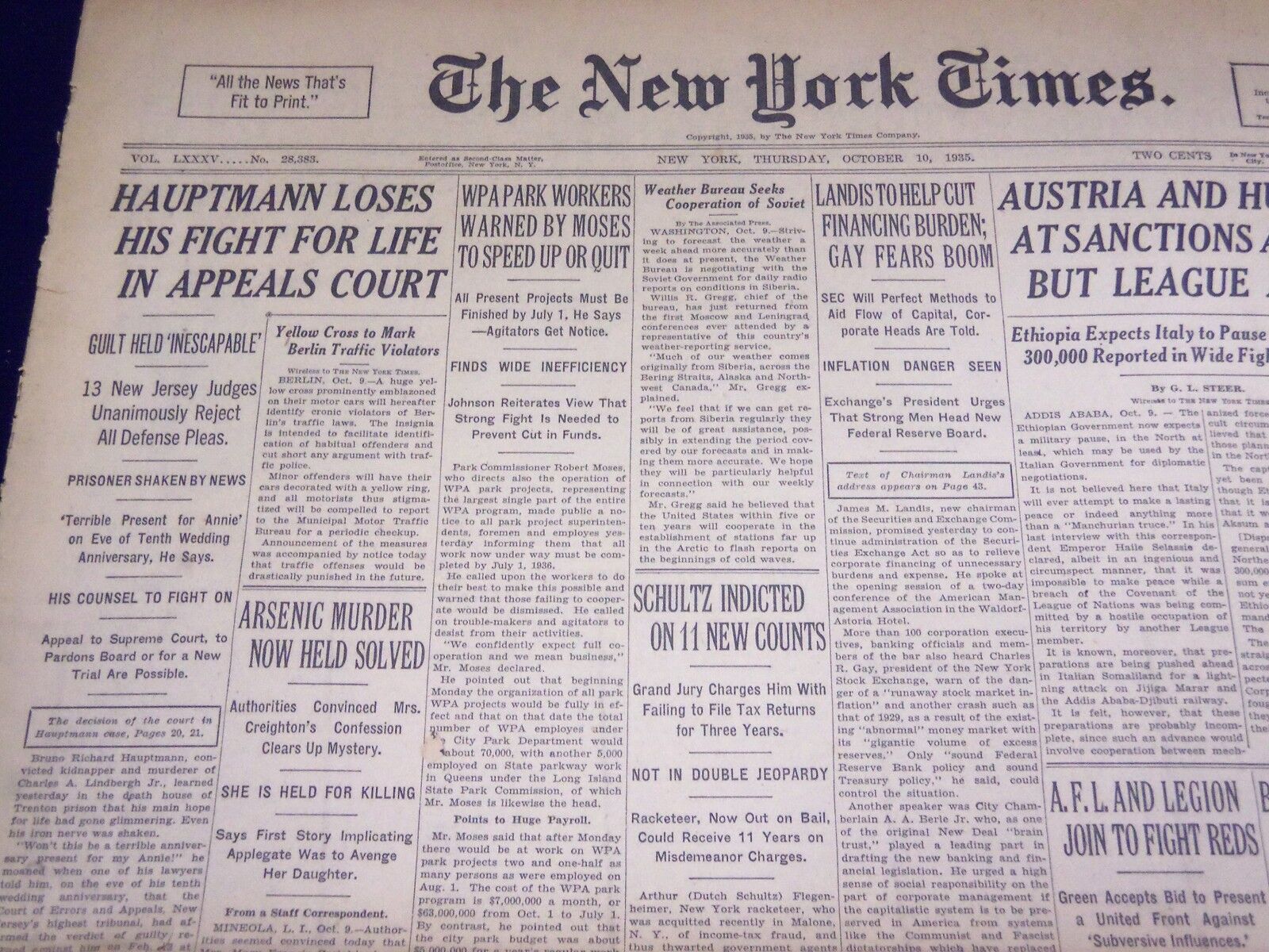 1935 OCT 10 NEW YORK TIMES - HAUPTMANN LOSES FIGHT IN APPEALS COURT - NT 4306