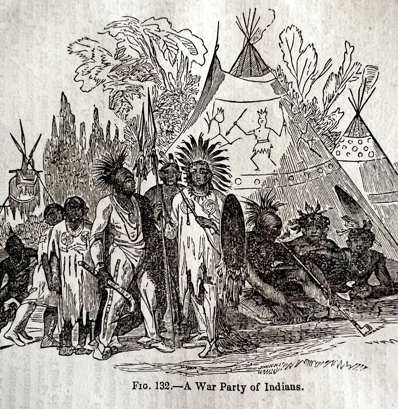 A War Party Of Native Americans 1845 Woodcut Print Victorian Revolution DWY9C