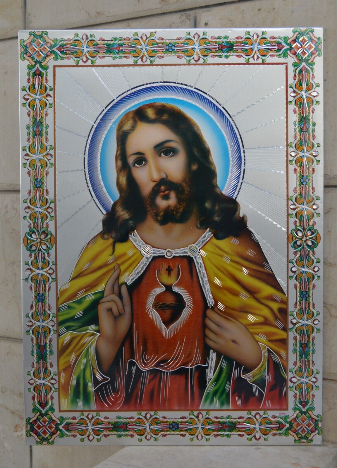 Rare Christian Lithograph BYZANTINE Wood Metal Icon of the Sacred Heart of Jesus