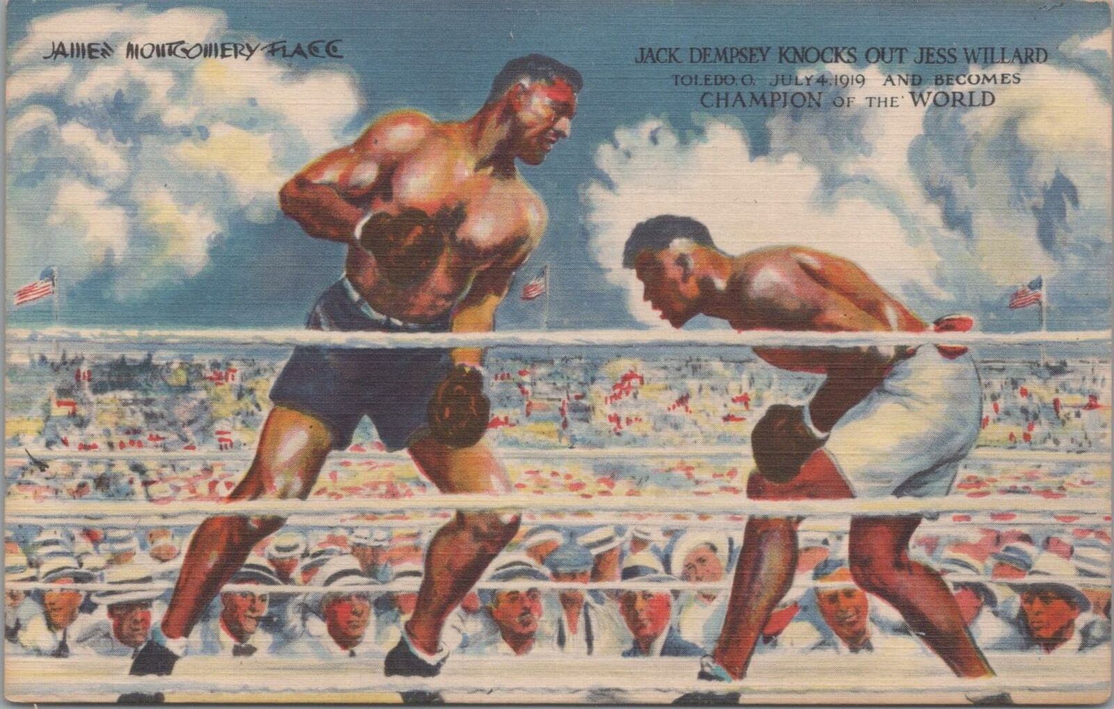 Postcard Boxing Jack Dempsey Knocks Out Jess Willard James Flagg