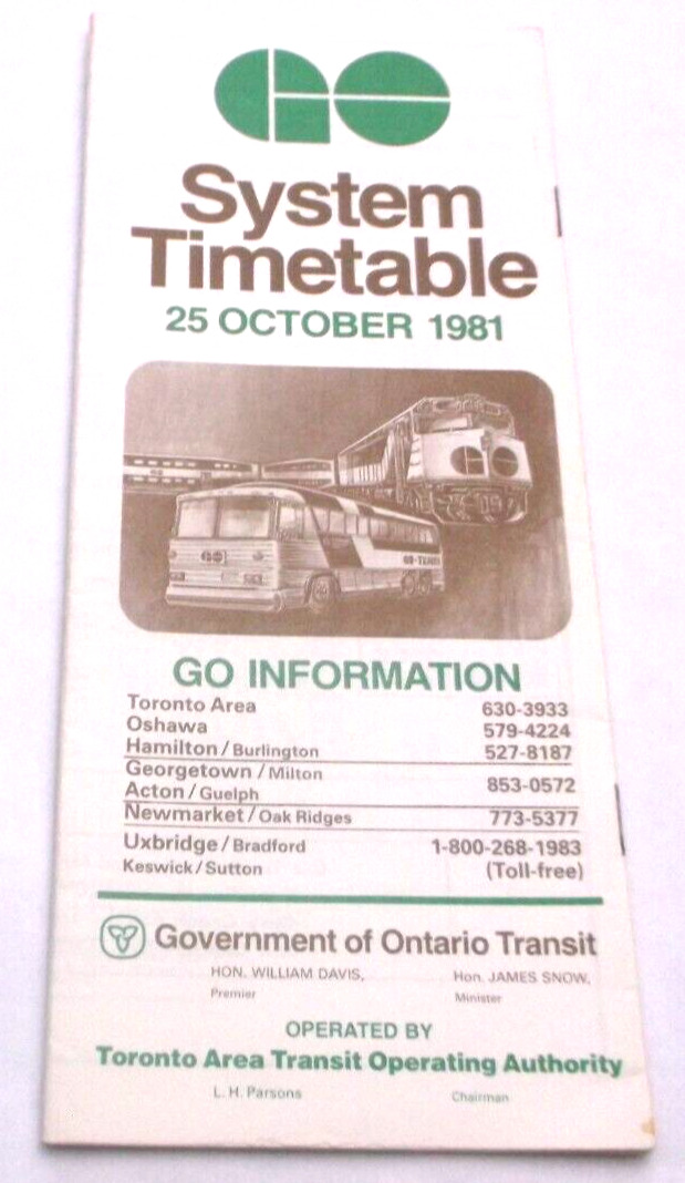OCTOBER 1981 GO TRANSIT GO RAIL SYSTEM PUBLIC TIMETABLE