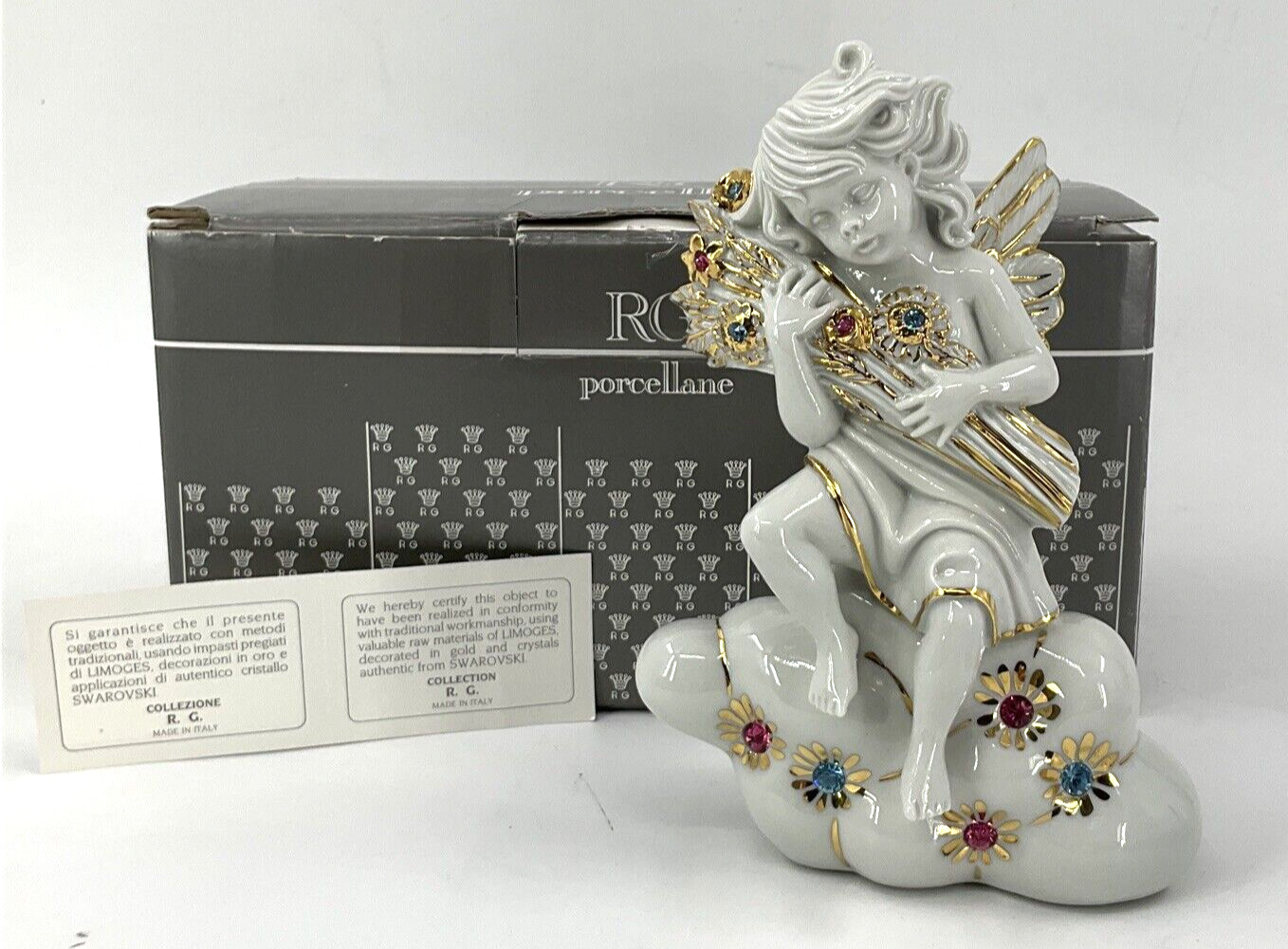 Limoges Oggetti R. G. Angel Figurine W/ SWAROVSKI CRYSTALS COD. 208 In Box Italy