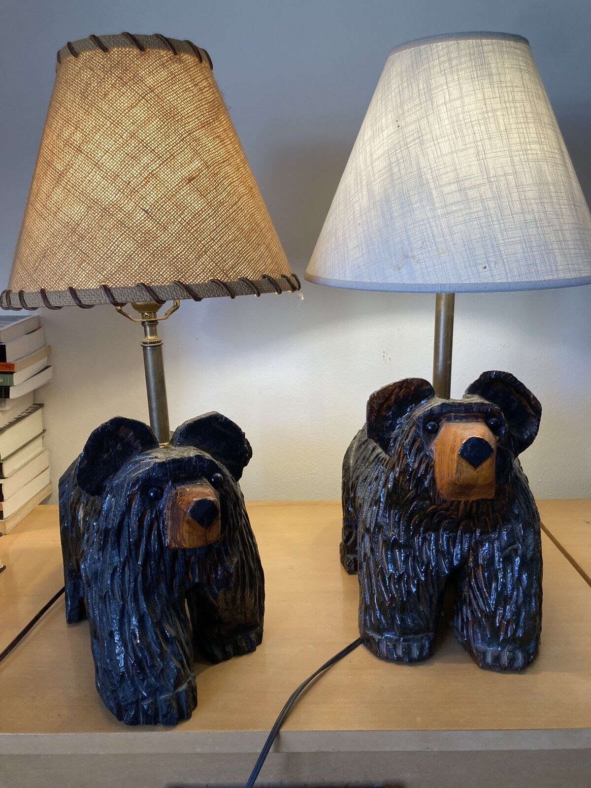 Pair Of Vintage Carved Wood Black Bear Lamps Signed  Adirondack Cabin Decor