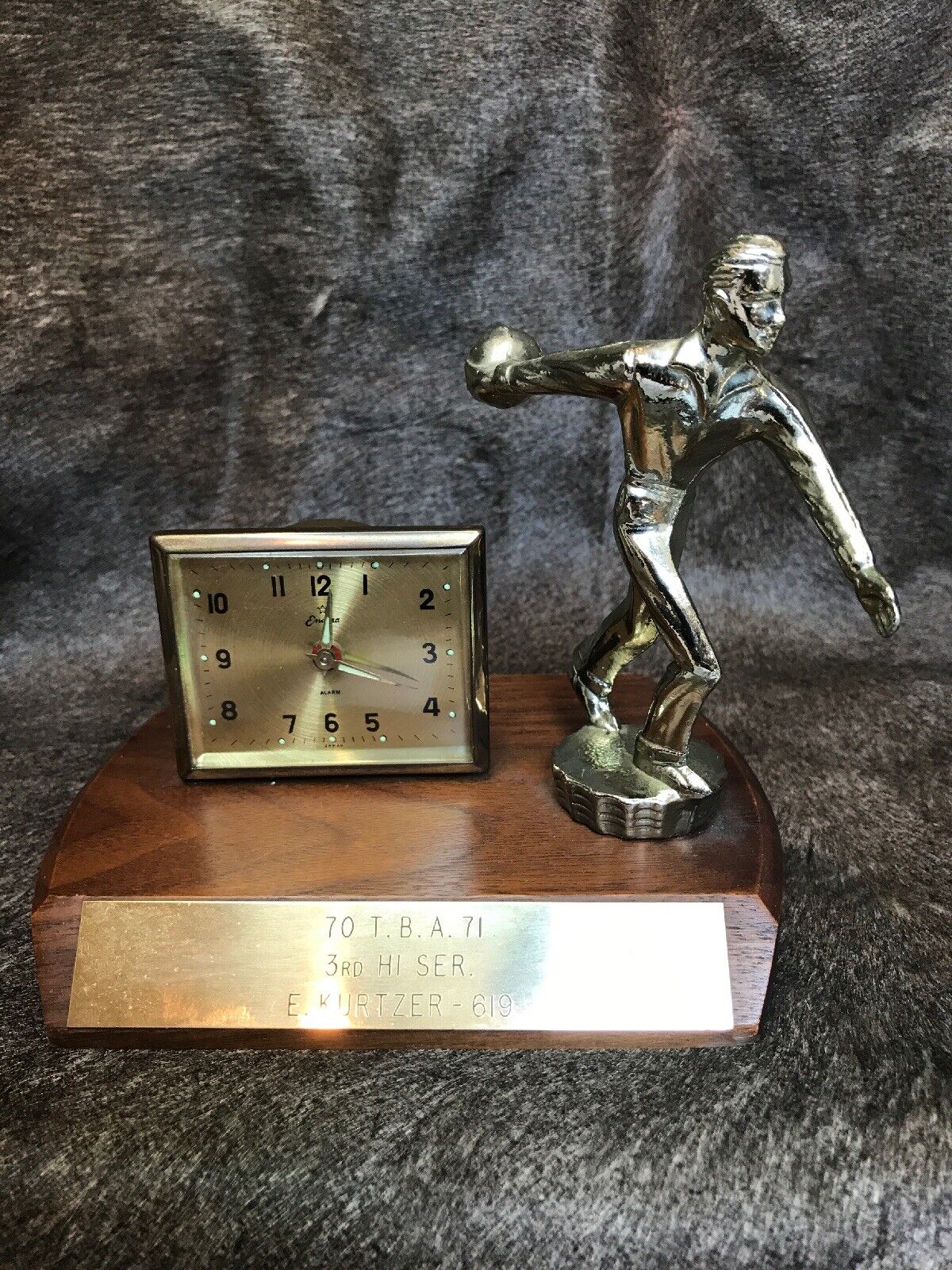 Vintage Bowling Trophy With Alarm Clock By A Endura. From The 1940S. It Works