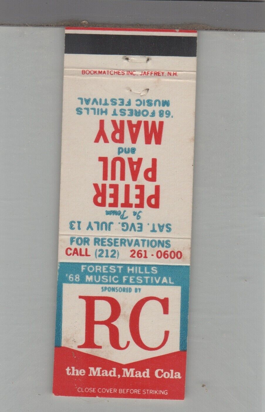 Matchbook Cover 1968 Royal Crown Peter Paul And Mary Forest Hills Music Festival