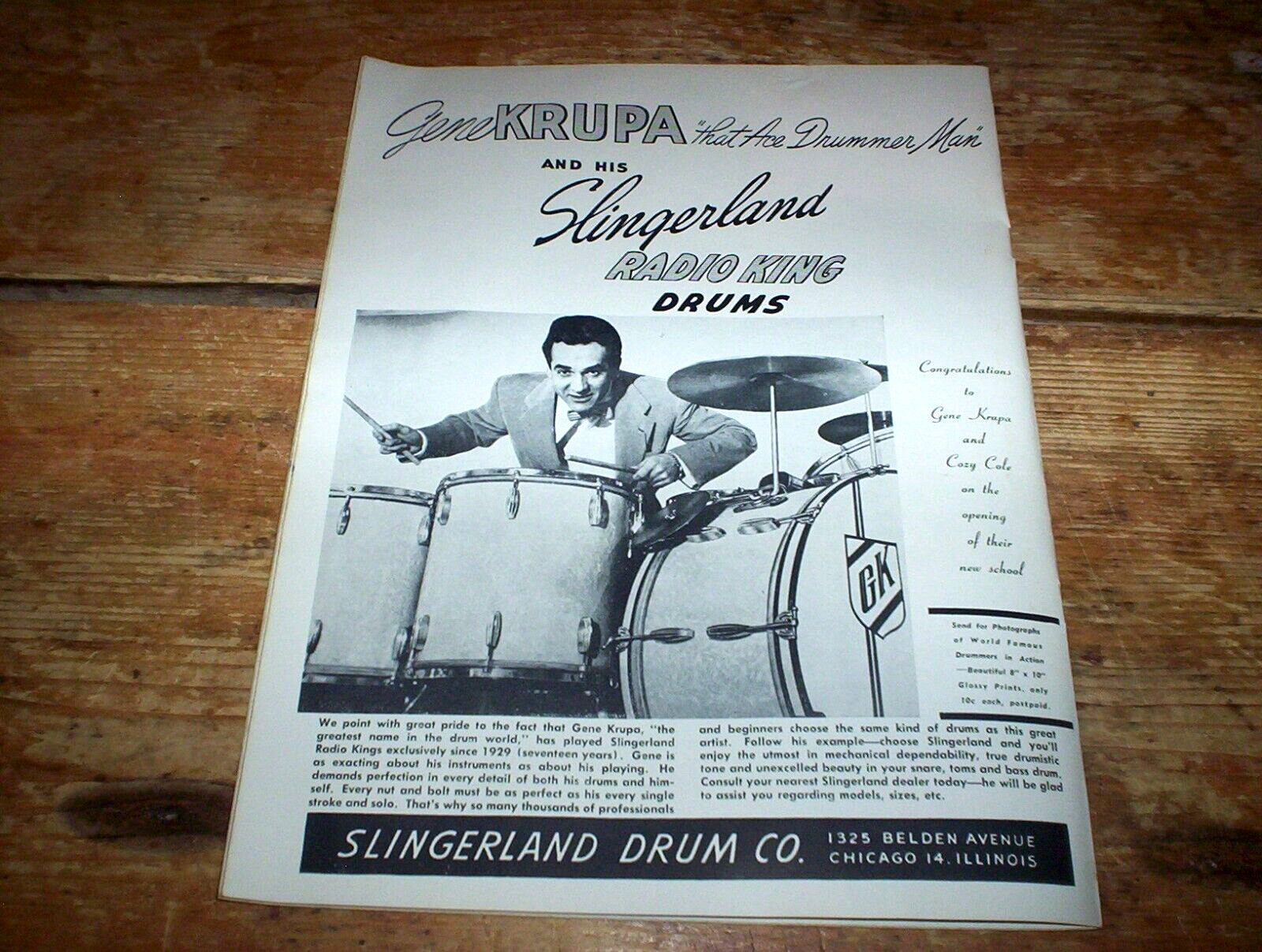 GENE KRUPA ( SLINGERLAND DRUMS ) 1954 Vintage U.S. magazine PROMO Ad NM-