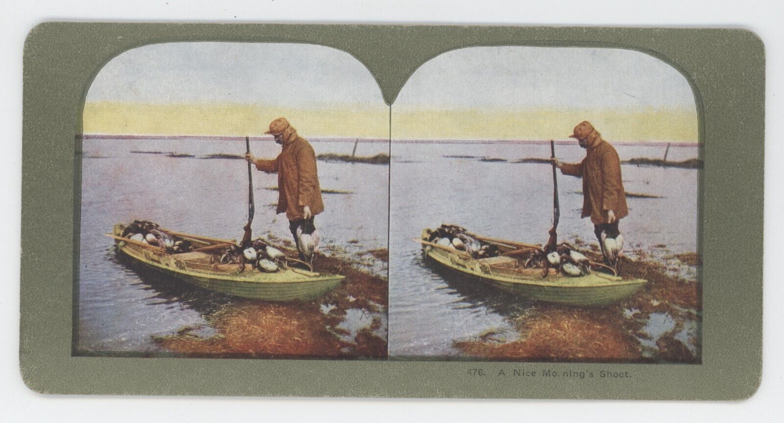 c1900's Colorized Stereoview A Nice Morning's Shoot. Hunter with Ducks in Boat