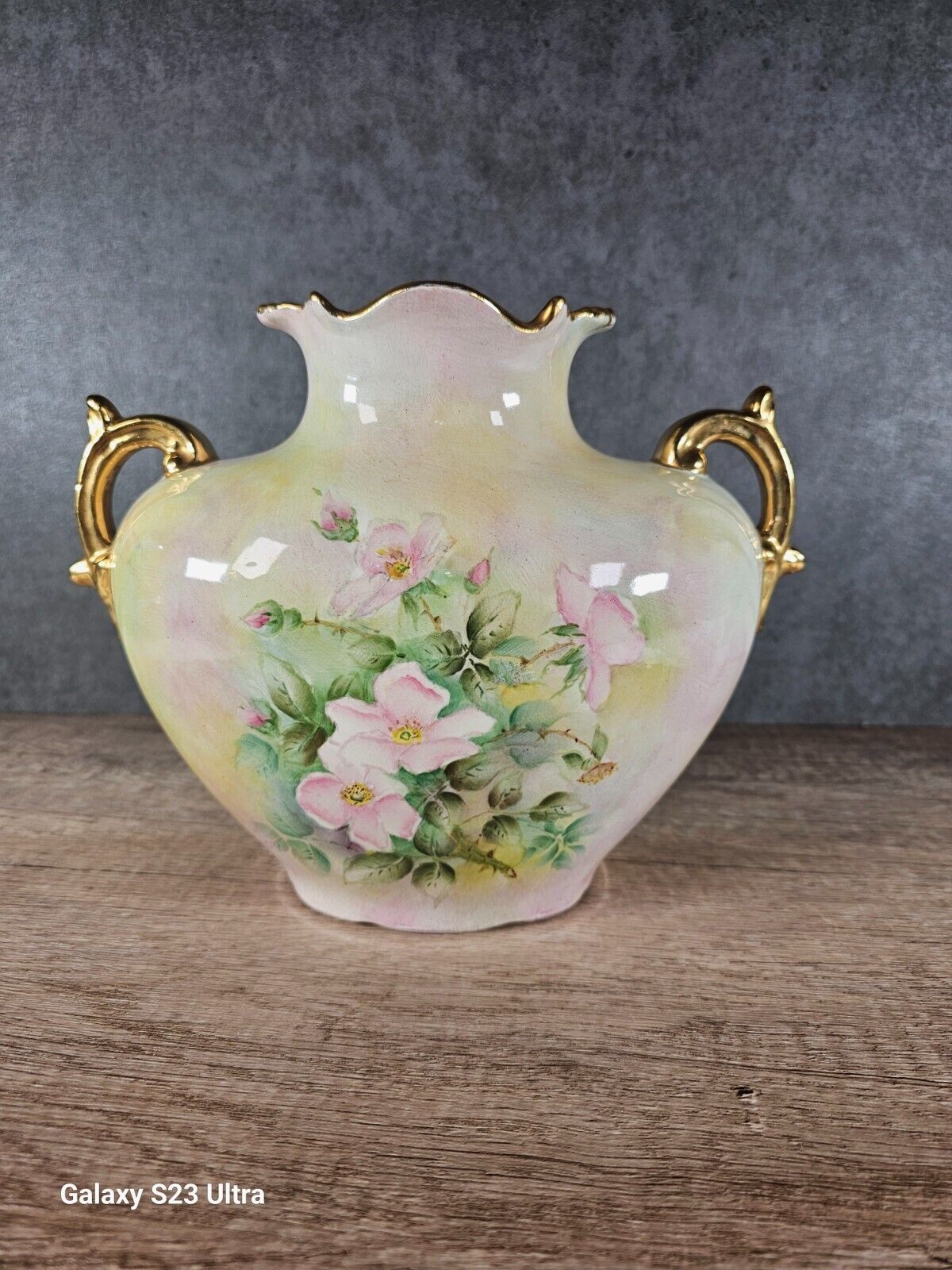 Antique E King Rhea hand painted flowers gold trimmed vase