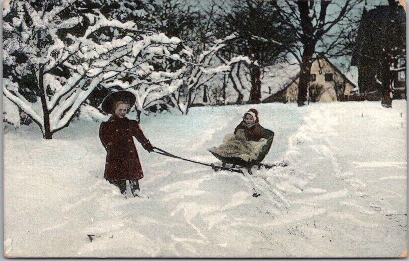 1912 Winter Sports Greetings Postcard Girl Pulling Sister in Sled -Danish Cancel