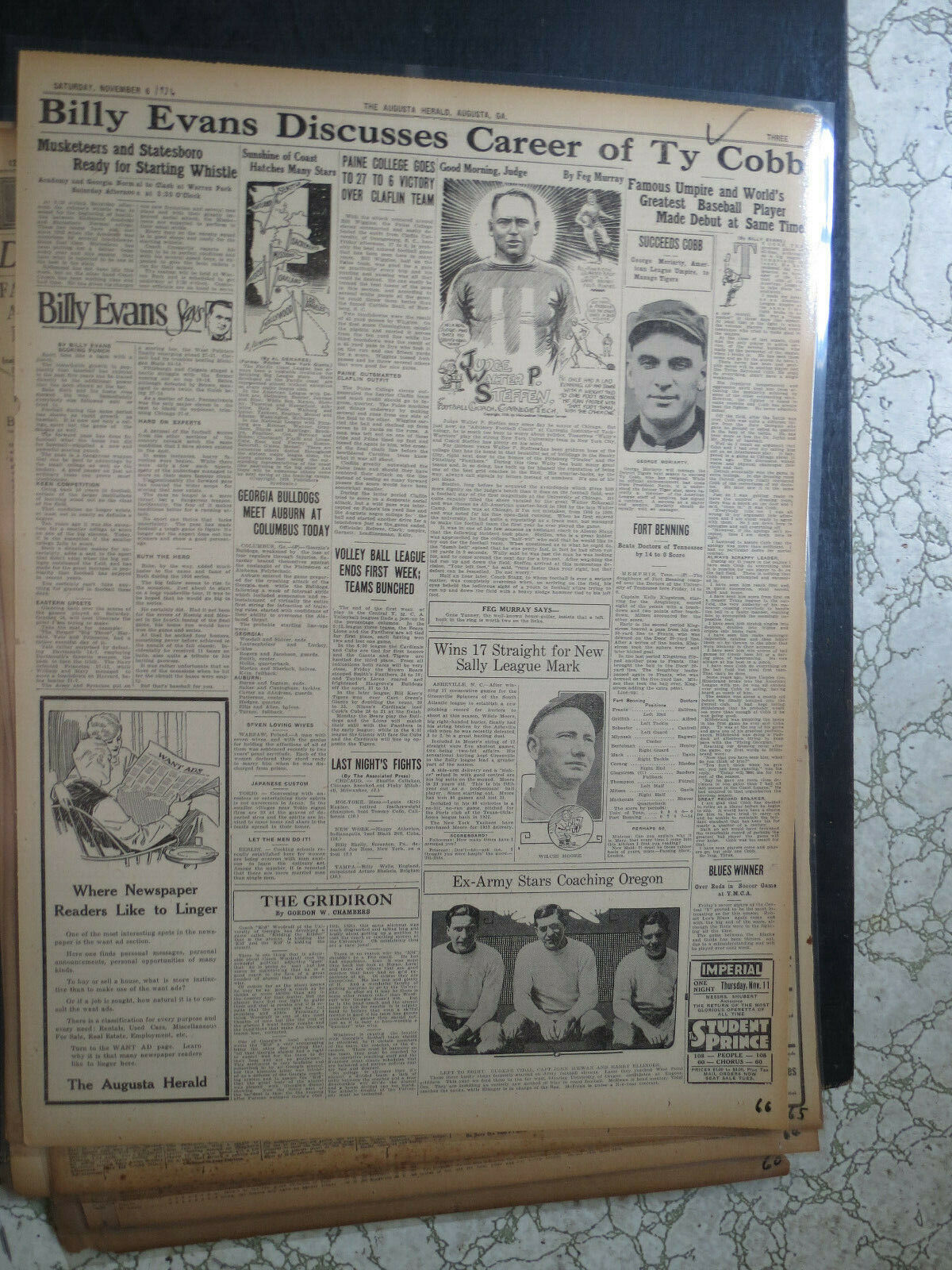Sports Hero Newspaper 1926 TY COBB CAREER DISCUSSED BY EMPIRE EVANS + FOOTBALL 