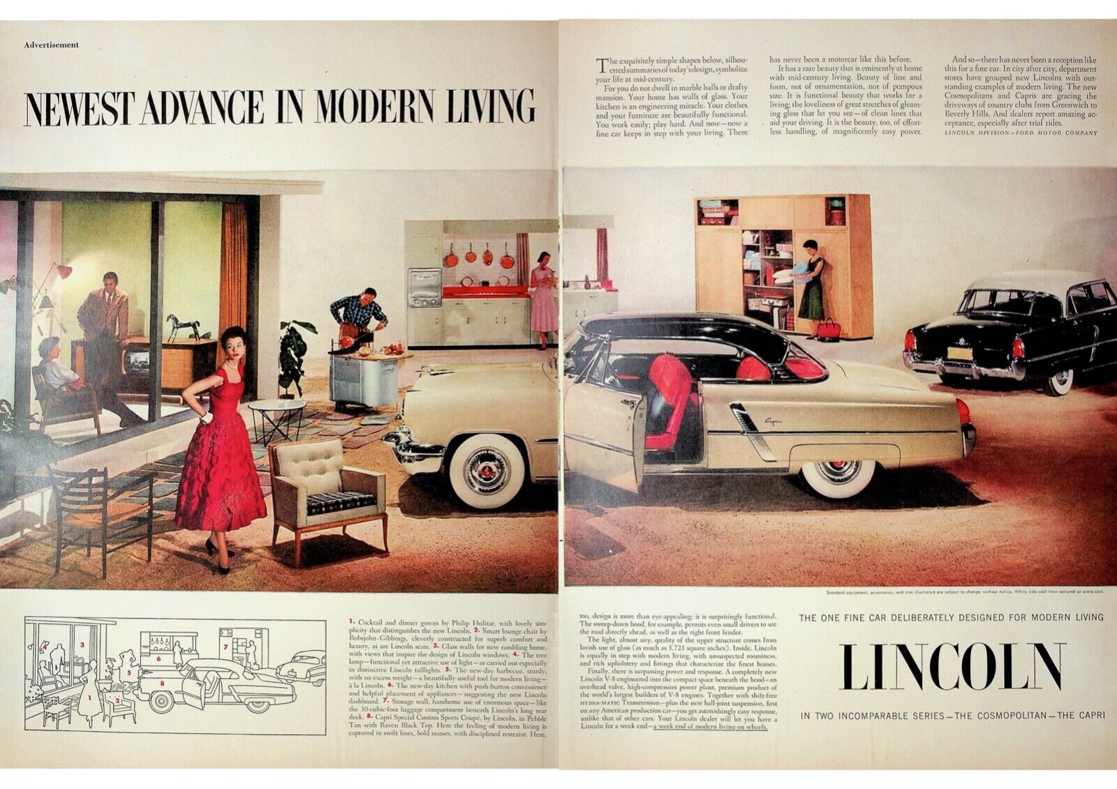 1950s Lincoln Capri & Cosmopolitan Modern Living Photo Vintage 2 Page Print Ad