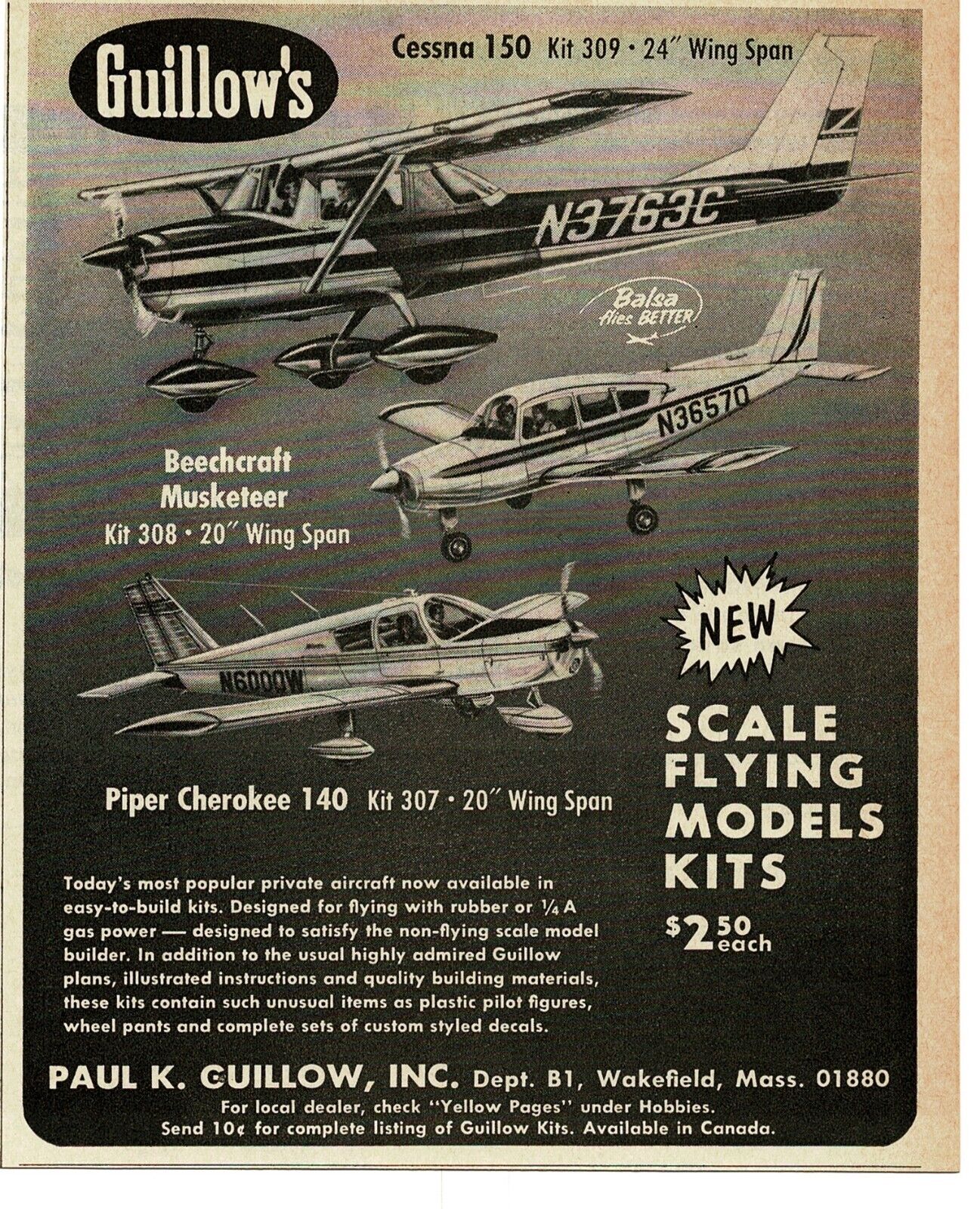 1970 GUILLOW\'S Model Airplane Kit Cessna Beechcraft Piper Wakefield MA Print Ad