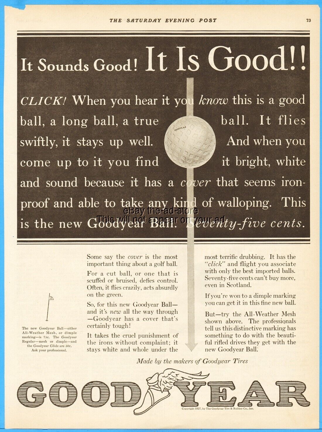 1927 Goodyear Golf Ball CLICK It Sounds Good Vintage 1920\'s Ephemera Ad