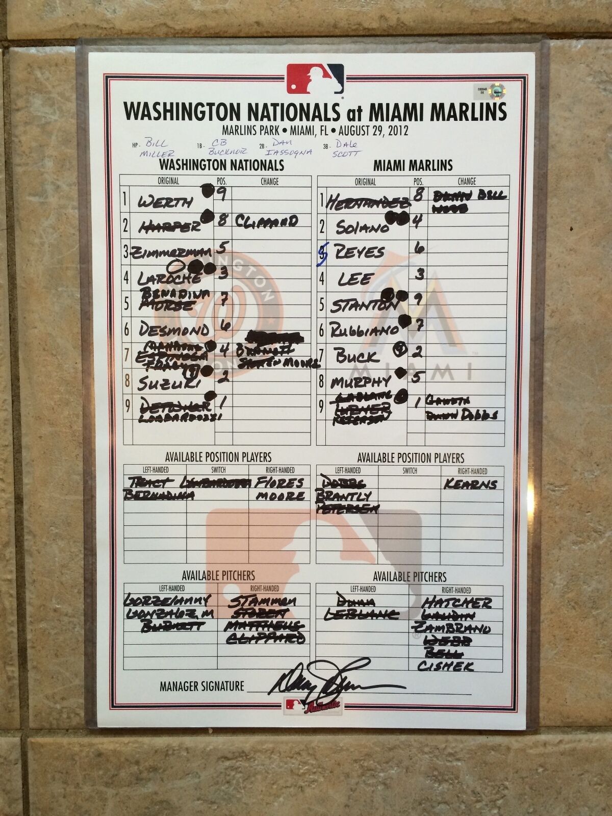 BRYCE HARPER GAME USED LINE UP CARD FROM 1ST MULTI HR GAME HISTORIC EJECTION