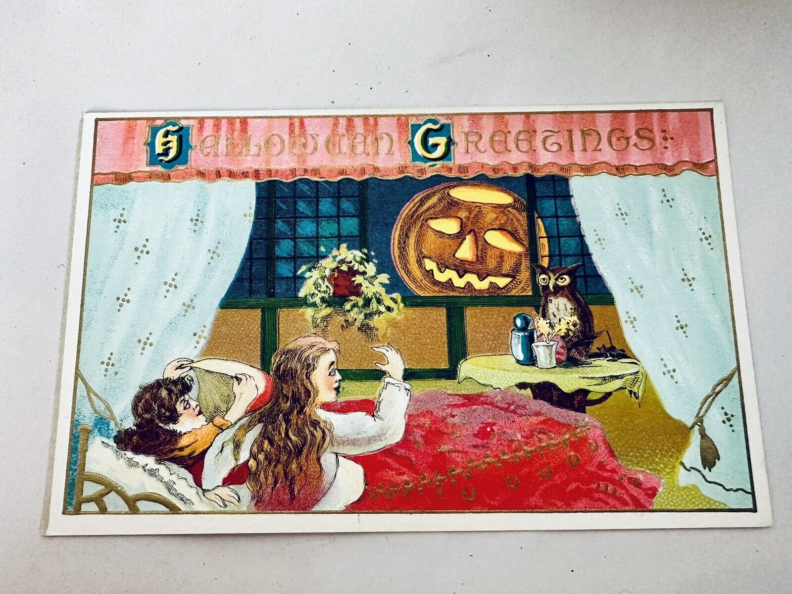 Vintage Winsch Halloween Postcard JOL Looking Through Mirror w/ Owl #377