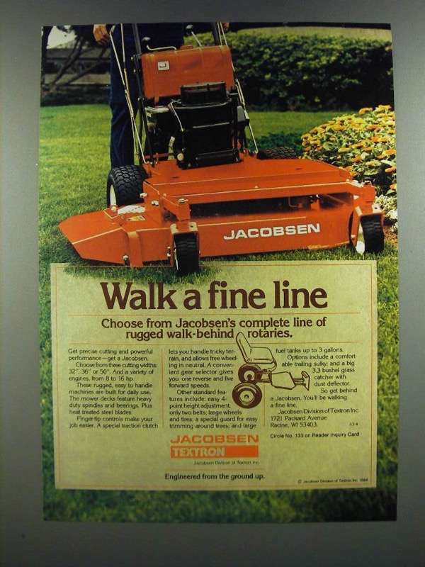 1986 Jacobsen Textron Walk-Behind Rotary Mower Ad - Walk a Fine Line