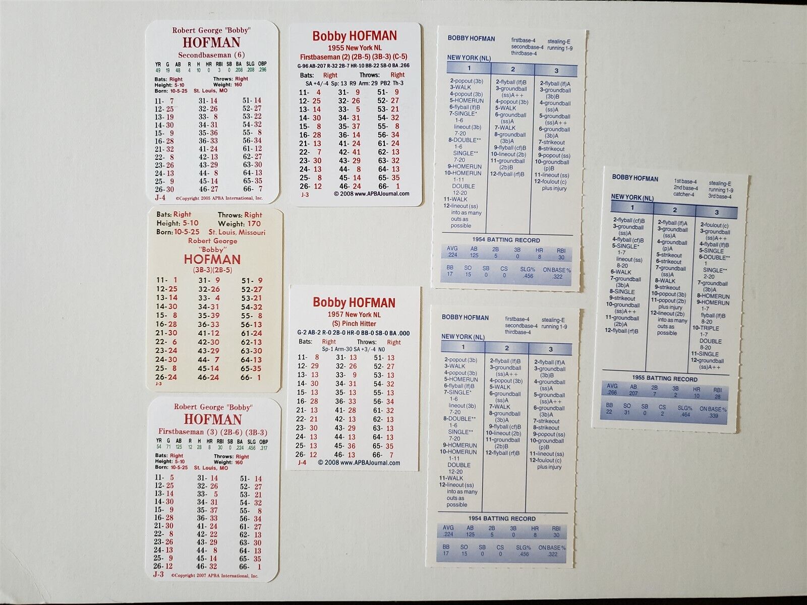 Bobby Hofman 1949 to 1957 APBA and Strat-O-Matic Card Lot of 8  Cards