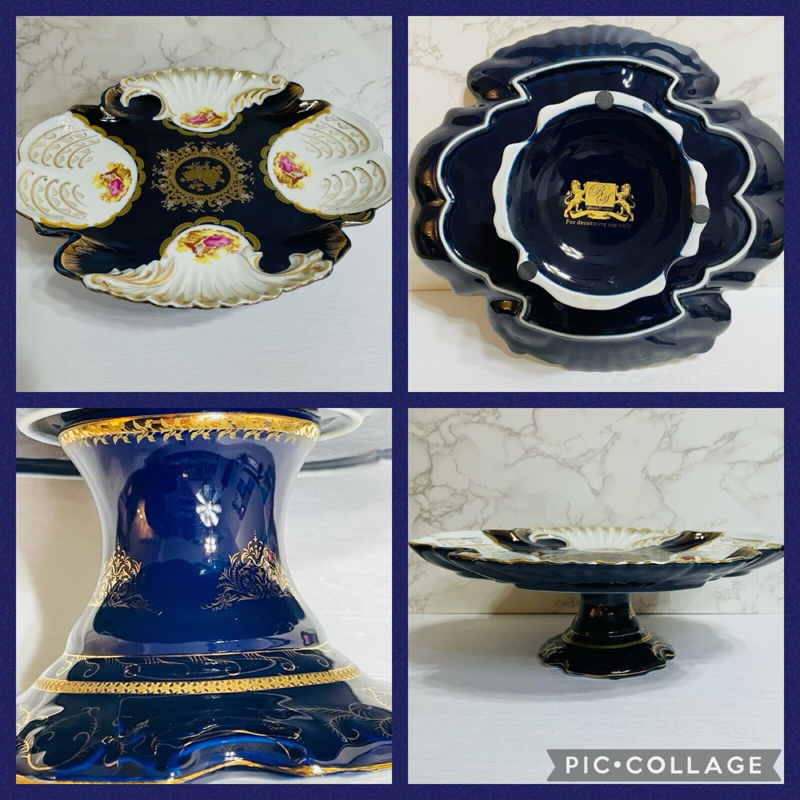 Royal Scotland Fruit Pedestal Plate Cobalt Gilded Porcelain Footed Centerpiece