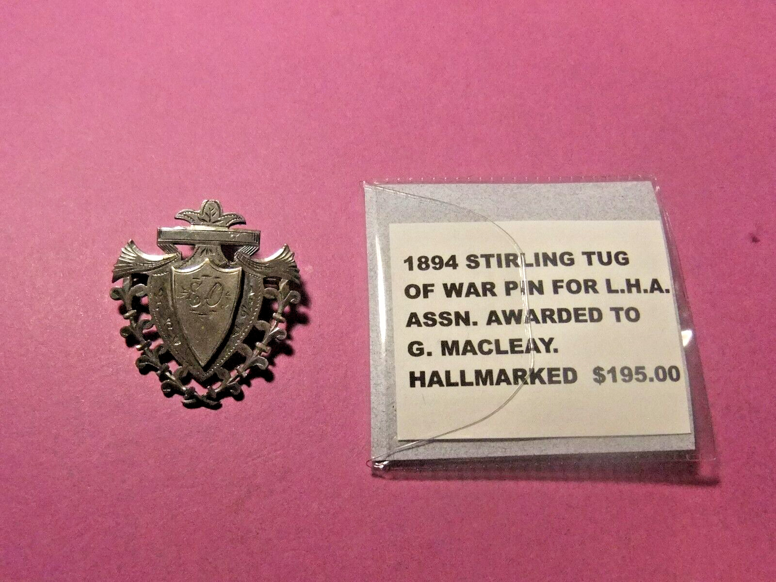 RARE 1894 Sterling Silver TUG OF WAR Pin, L.H.A.ASSOCIATION? to G.MACLEAY