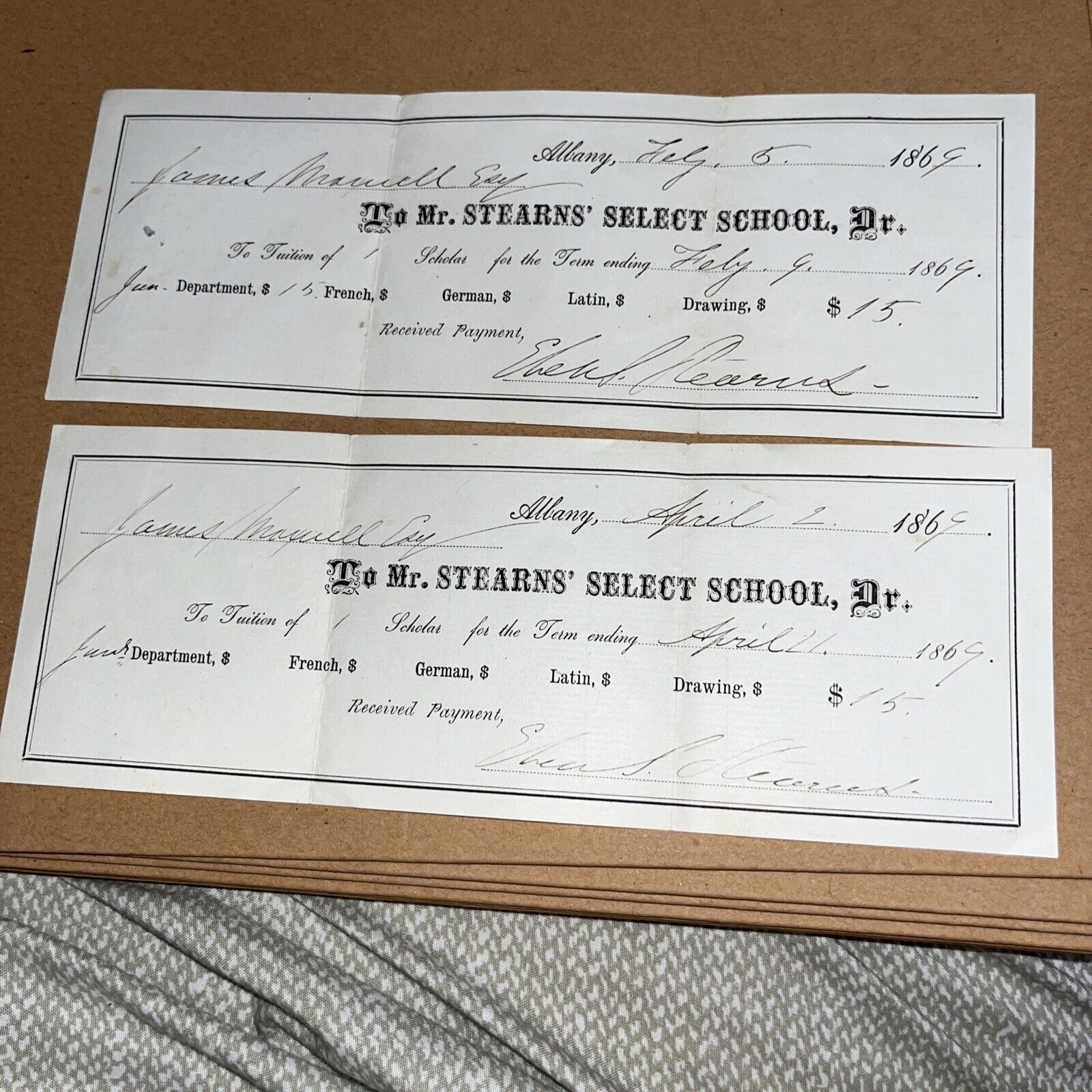 1869 Post Civil War Signed Tuition Receipts: Mr Stearns’ Select School Albany