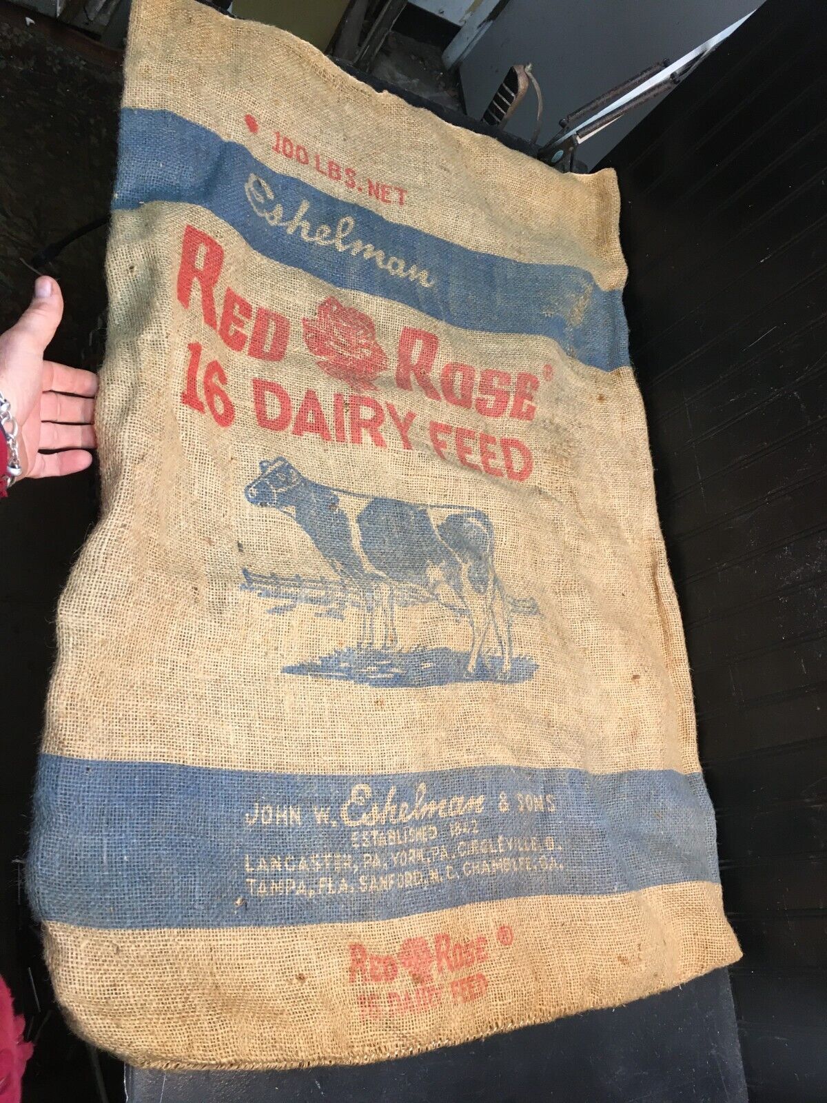Vtg Red Rose Dairy Feed Burlap Bag Dairy Cow 26in x 39in Farm House Barn Country