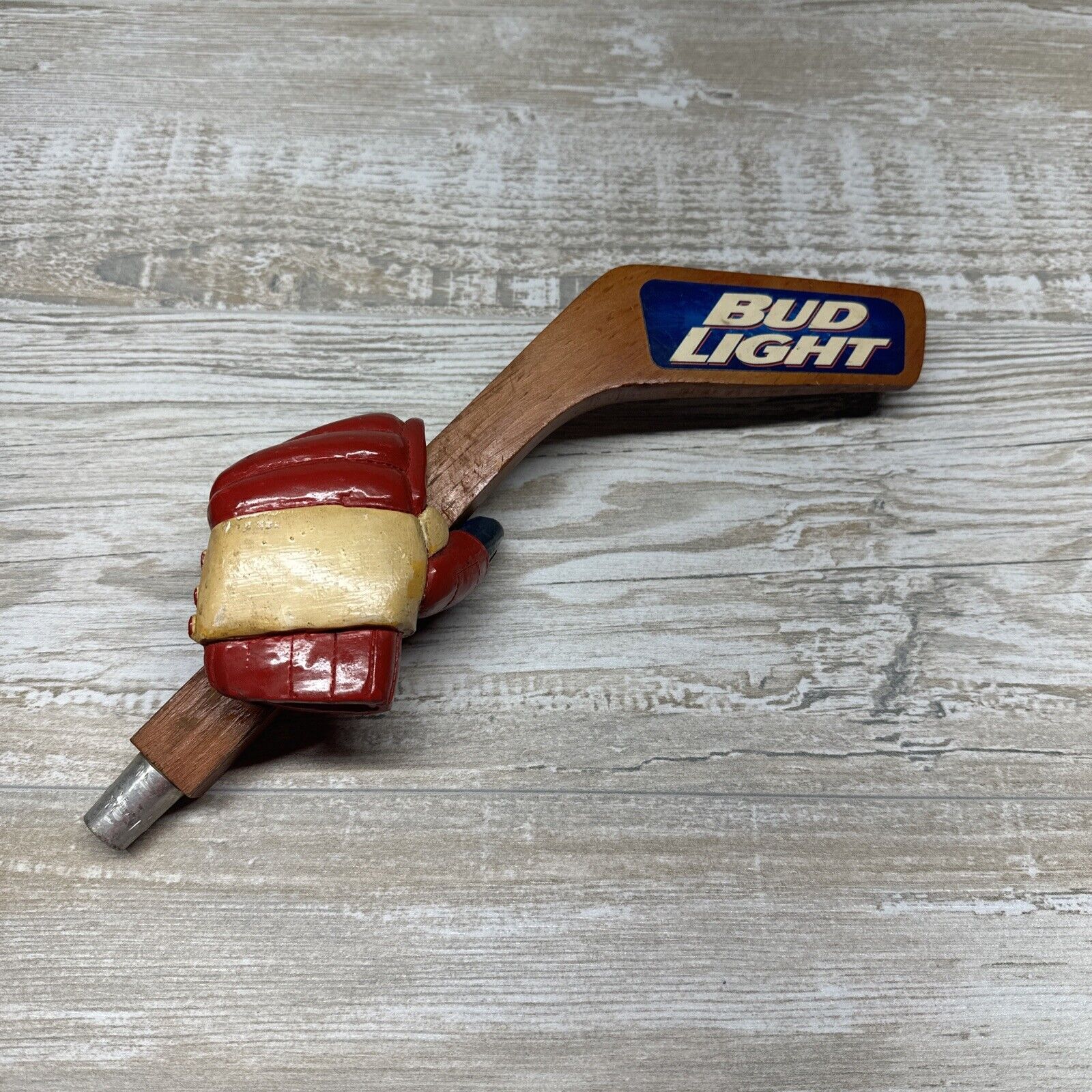 Bud Light Ceramic Red White And Blue Hockey Glove Wood Stick Beer Tap Handle 