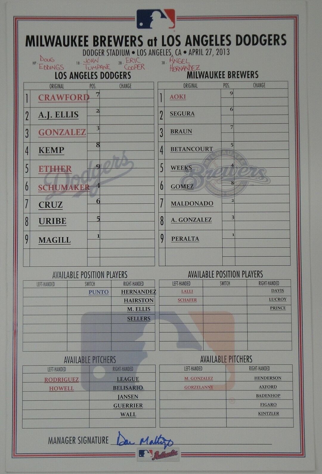 April 27, 2013 Milwaukee Brewers VS Dodgers Line Up Card With Umpires