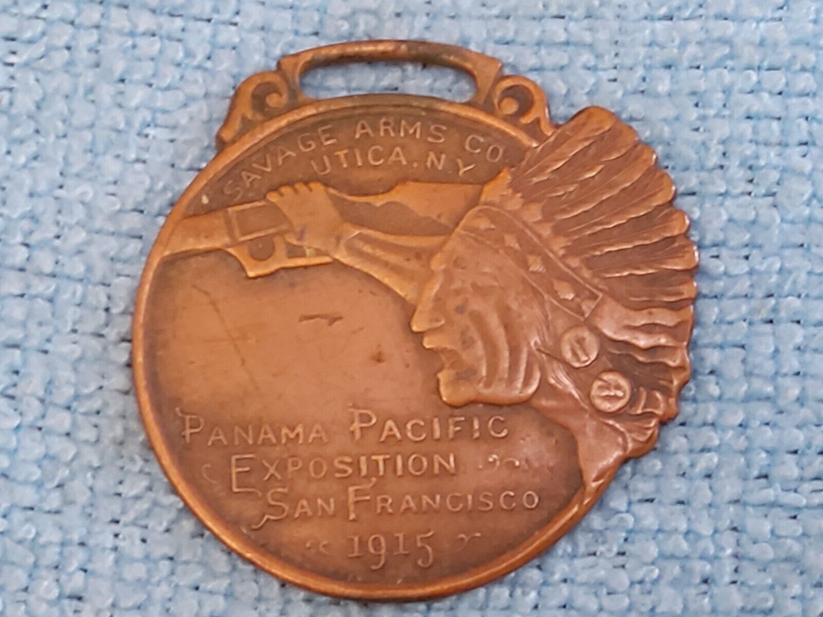 1915 SAVAGE ARMS CO. UTICA WATCH FOB PANAMA PACIFIC EXPOSITION PPIE