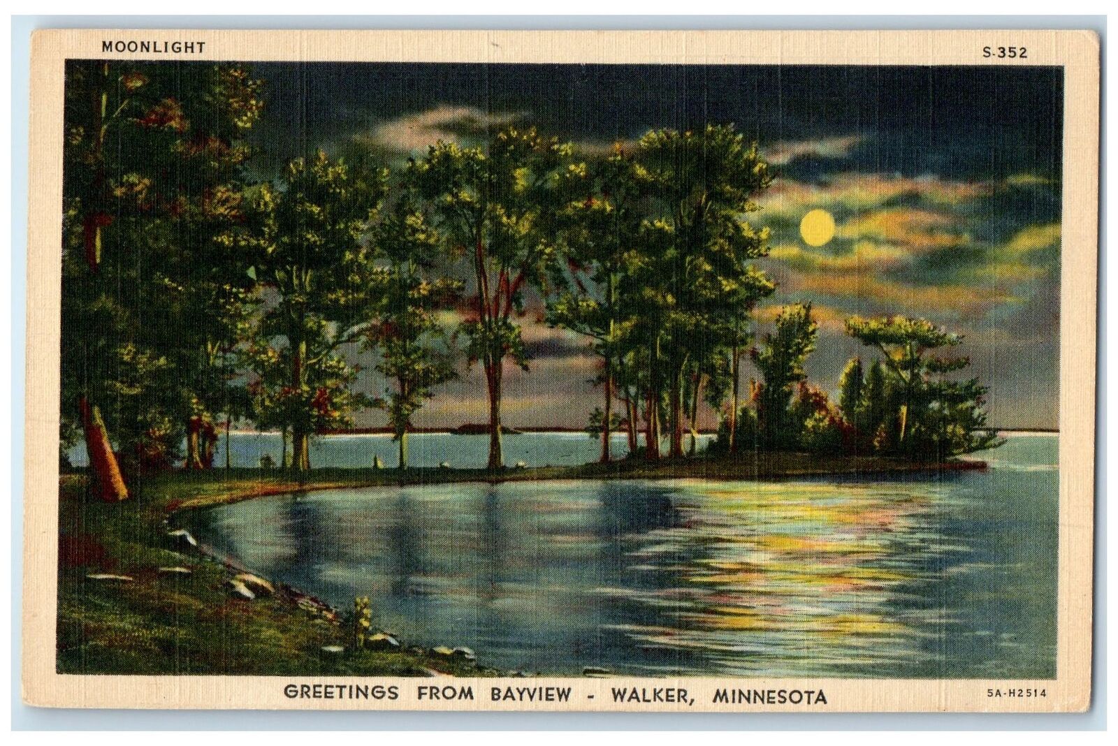 c1940 Greetings From Bayview Walker Moonlight Minnesota Correspondence Postcard