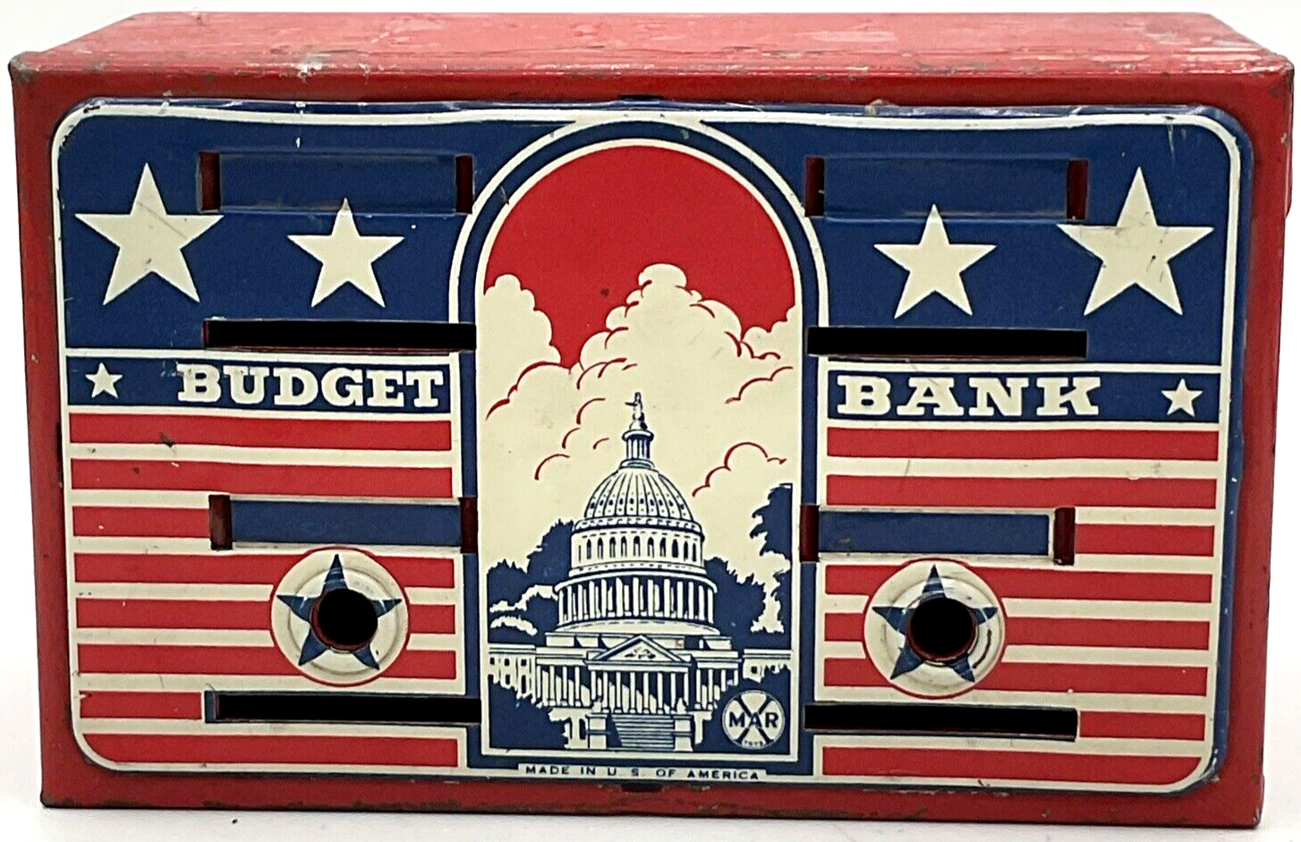 Vintage 1940s Marx Budget Coin Bank Steel Litho US Capital USA No Key America