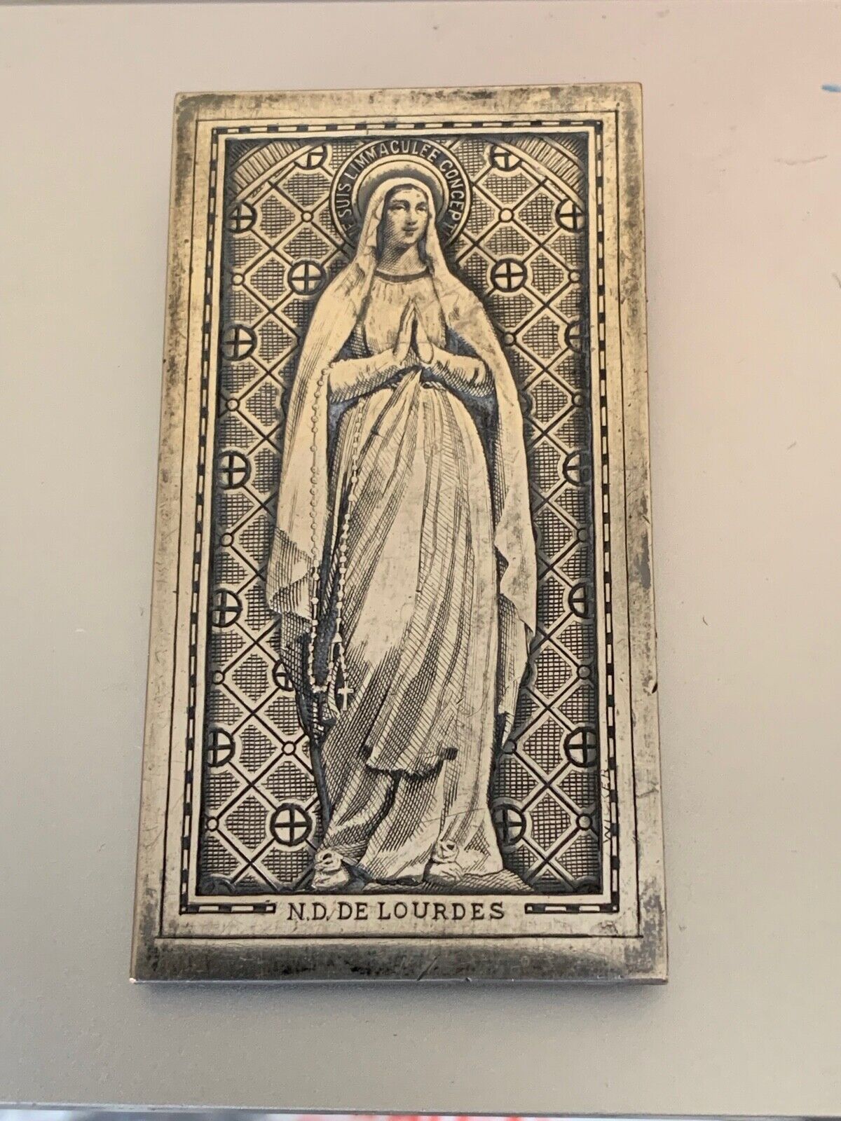 Remarkable Antique Religious Engraved Silver Plaque -Notre Dame de Lourdes 6.5cm