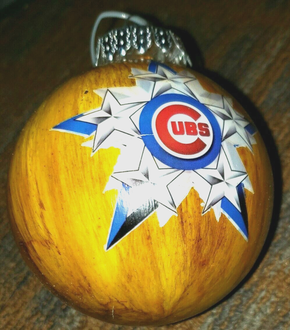 Chicago Cubs Baseball Team Logo & Stars Woodgrain Glass Ball Christmas Ornament