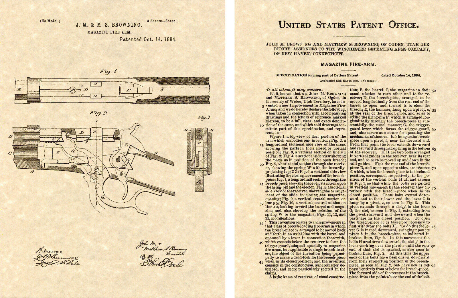 WINCHESTER 1886 LEVER ACTION PATENT Art Print READY TO FRAME John Browning Gun