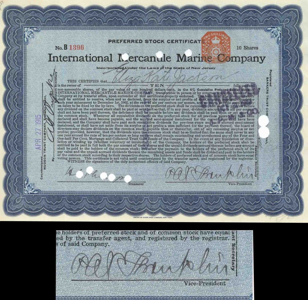 Titanic Stock Signed By P.A.S Franklin who was in Charge During the Titanic Disa
