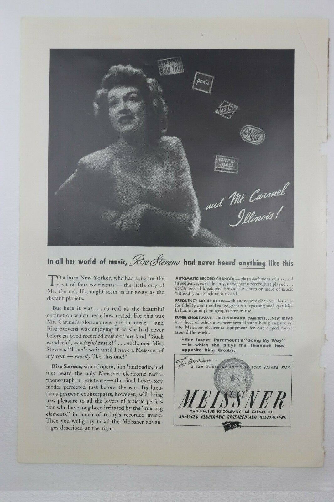 1940\'s Meissner Radio Phonograph Vintage Print Ad Singer Rise Stevens Mt Carmel 