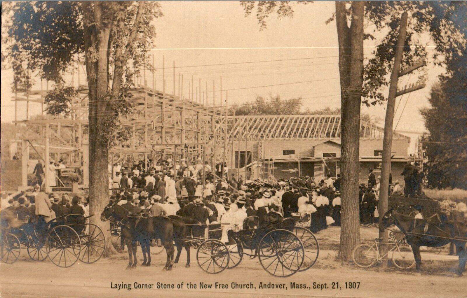 New Free Church, horses, carriages, crowd RPPC 1907 Andover, Massachusetts MA
