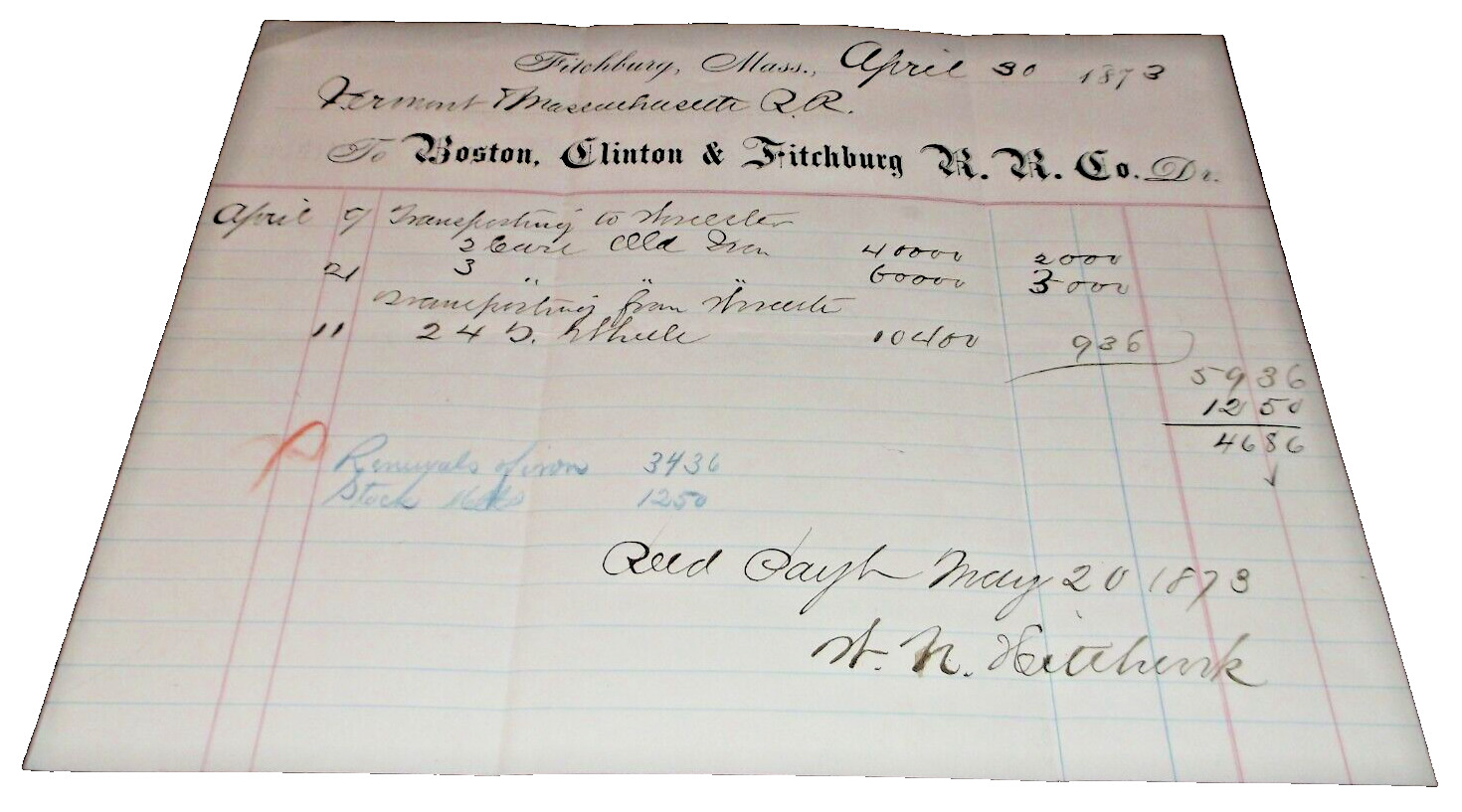 APRIL 1873 BOSTON CLINTON & FITCHBURG FREIGHT BILL FITCHBURG MASSACHUSETTS