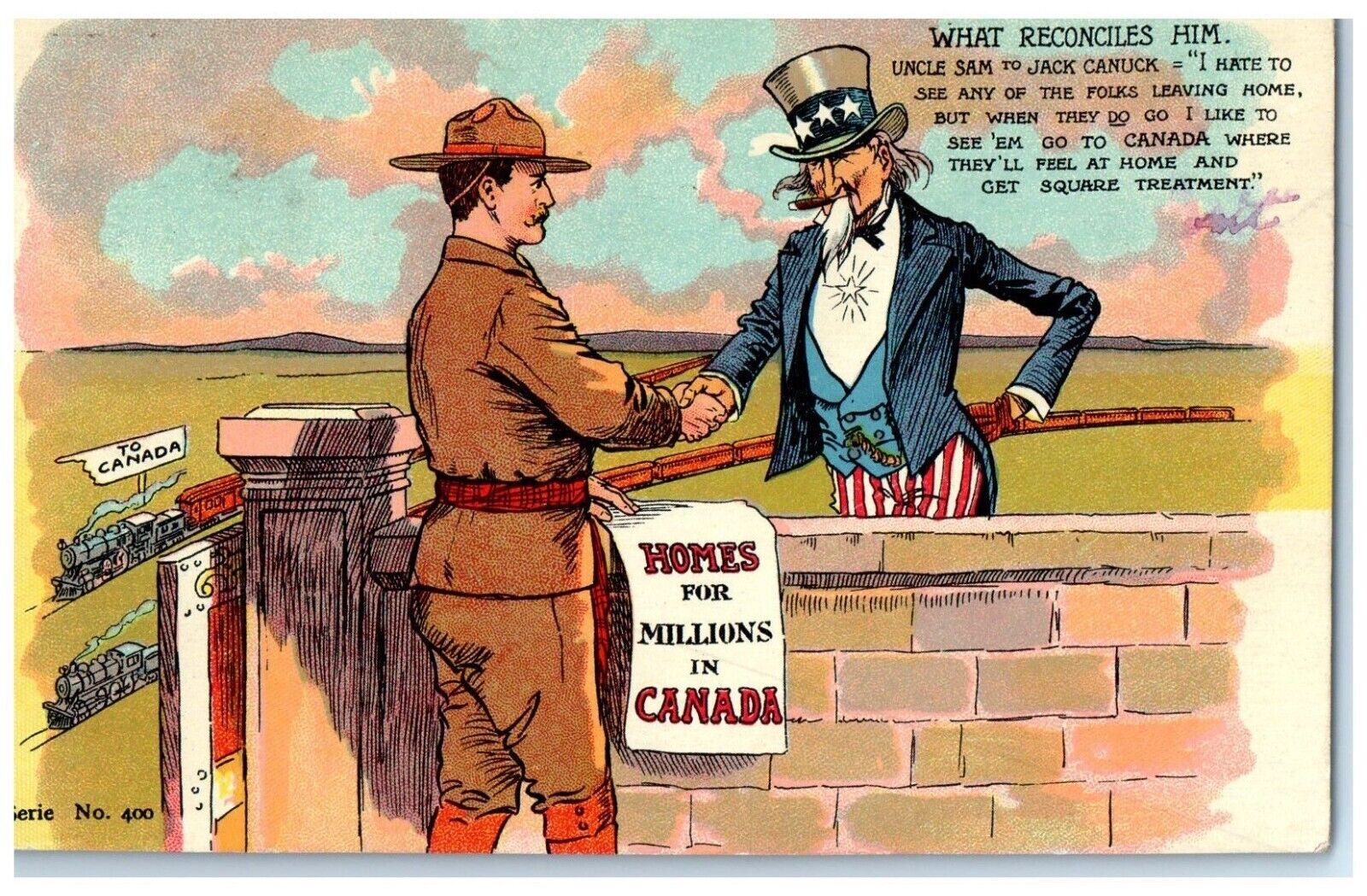 c1910's Uncle Sam To Jack Canuck Homes For Millions In Canada Political Postcard
